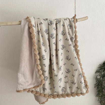 Warm Winter Baby Blanket Pompom Blush Sprigs and Blooms