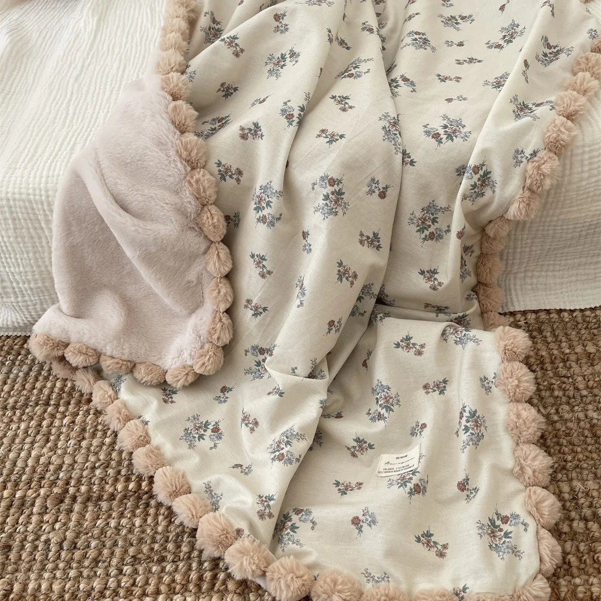 Warm Winter Baby Blanket Pompom Blush Sprigs and Blooms