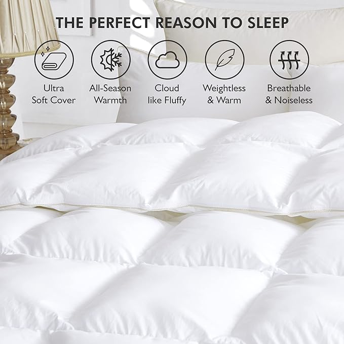 Size Siberian Goose Down Comforter, Duvet Insert, 1200 Thread Count 100% Egyptian Cotton, Hypoallergenic, 70 oz Fill Weight, 1200TC, White Solid