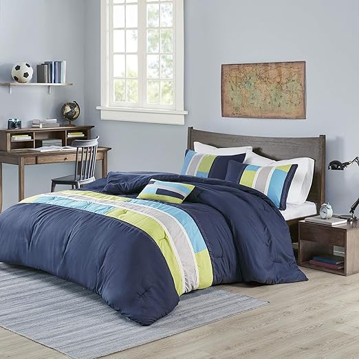 Cozy Comforter Set Geometric Stripes Vibrant Color Design All Season Bedding Matching Shams, Decorative Pillow, Full/Queen, Pipeline Navy, 4 Piece