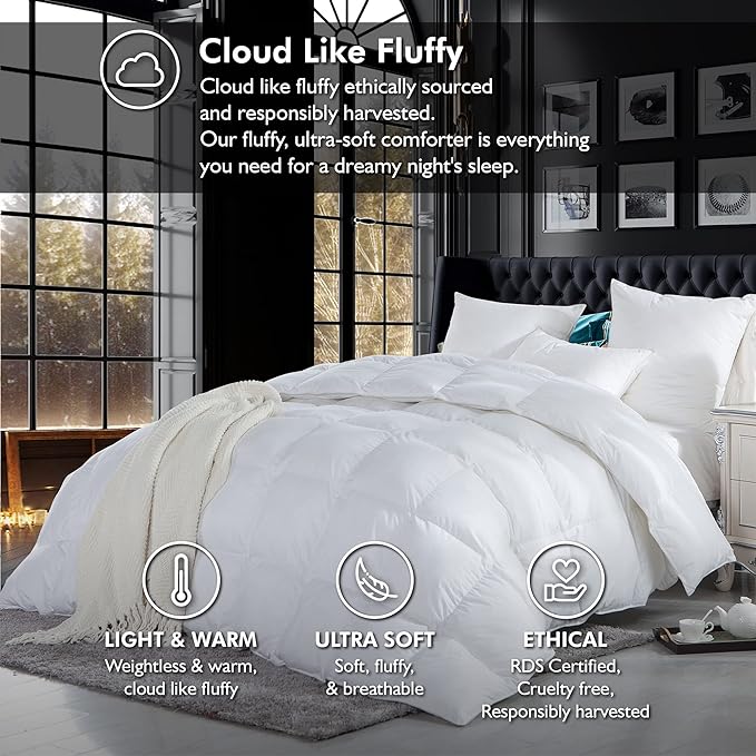 Size Siberian Goose Down Comforter, Duvet Insert, 1200 Thread Count 100% Egyptian Cotton, Hypoallergenic, 70 oz Fill Weight, 1200TC, White Solid