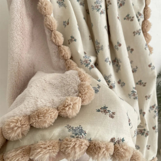 Warm Winter Baby Blanket Pompom Blush Sprigs and Blooms