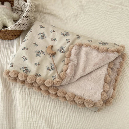 Warm Winter Baby Blanket Pompom Blush Sprigs and Blooms