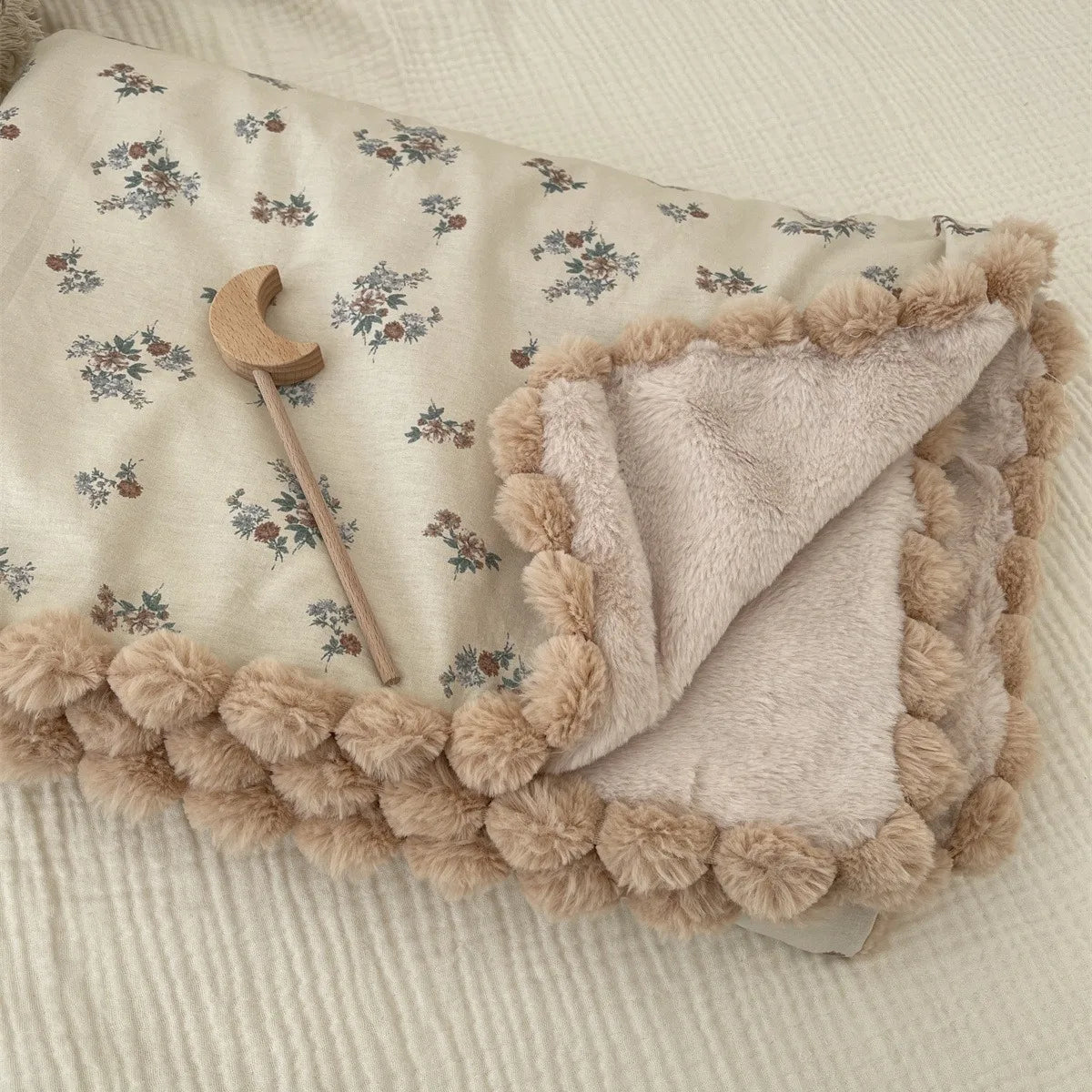 Warm Winter Baby Blanket Pompom Blush Sprigs and Blooms