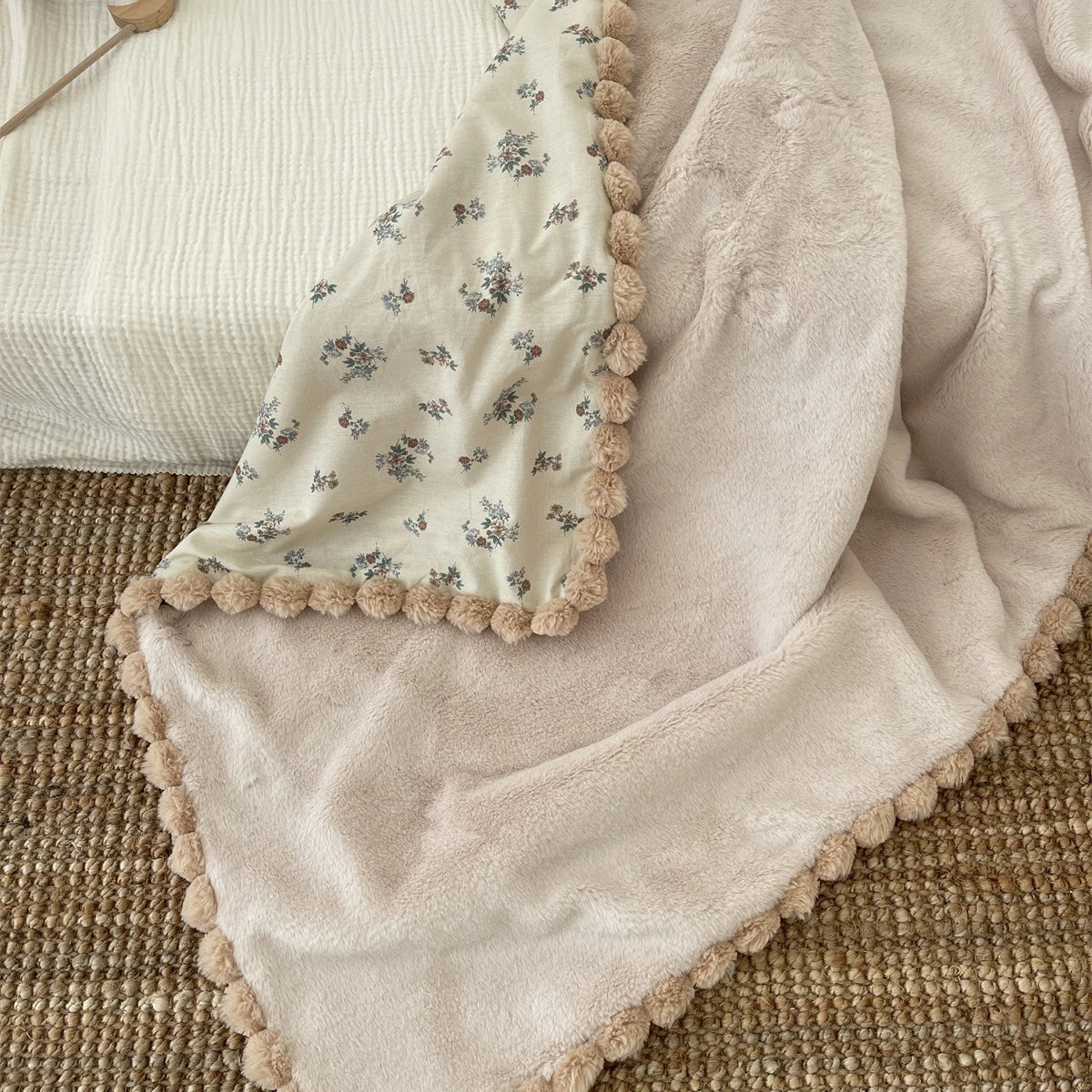 Warm Winter Baby Blanket Pompom Blush Sprigs and Blooms